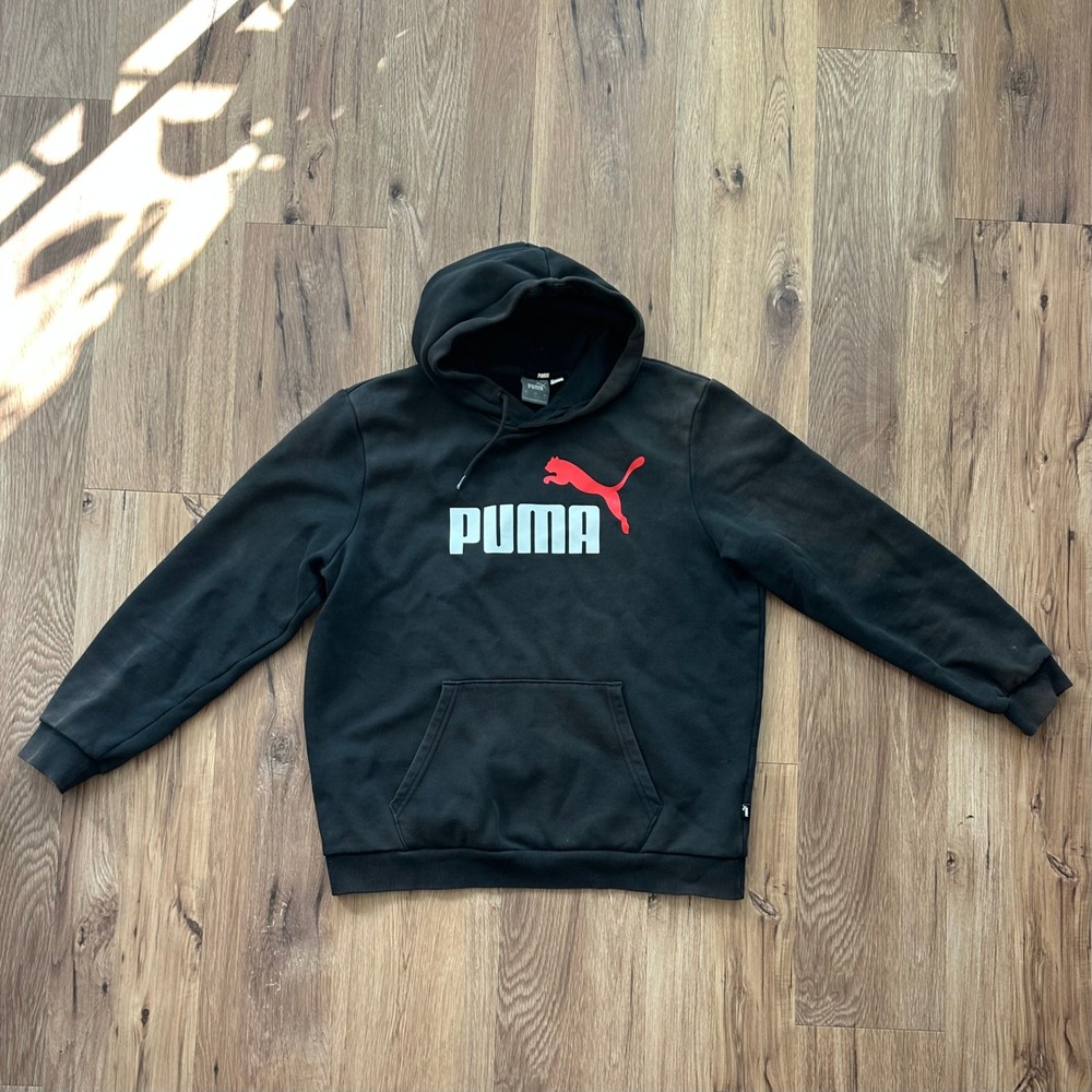 Puma Mens‎ Distressed Hoodie Black Red Logo Graphic Pullover Sweatshirt Size L